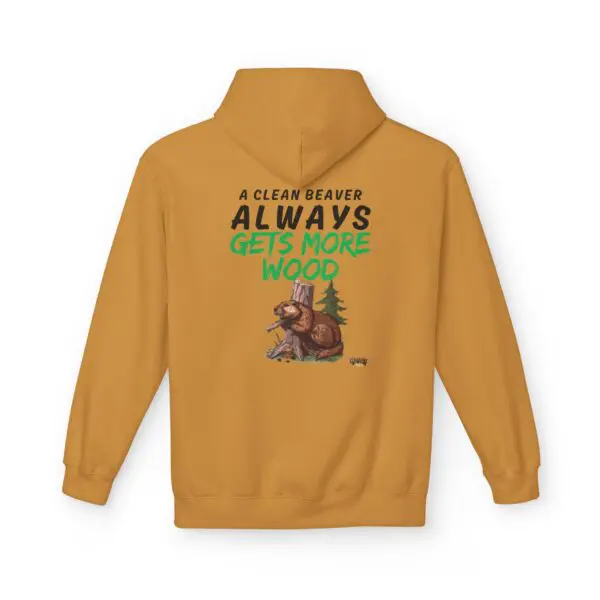 Brown hoodie with beaver-themed humorous text.
