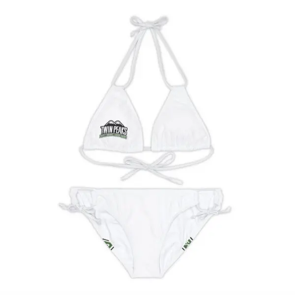 White bikini with Twin Peaks logo design.