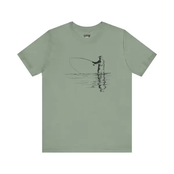 Green t-shirt with fishing graphic design.