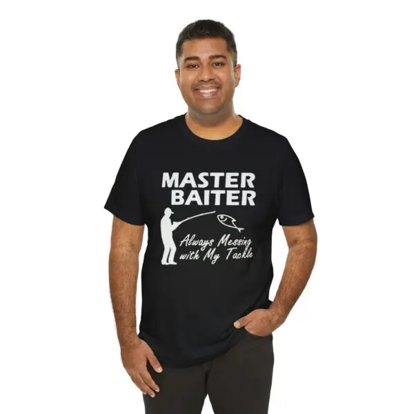 Man wearing humorous fishing-themed t-shirt.