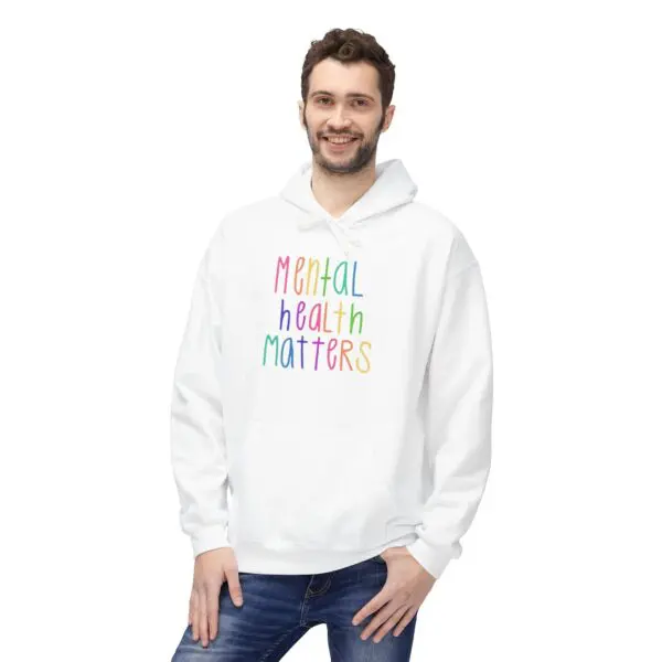 Man wearing "Mental Health Matters" hoodie.
