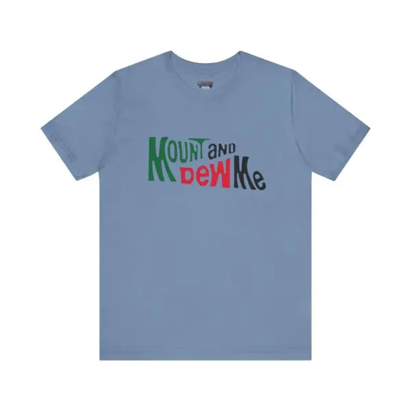 Blue t-shirt with colorful text design.