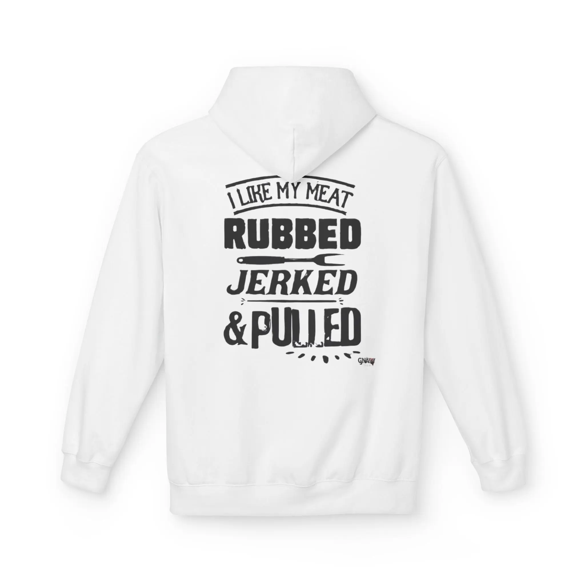 White hoodie with humorous text on back.