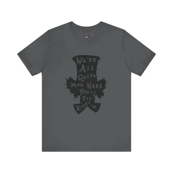 Gray shirt with whimsical text design.