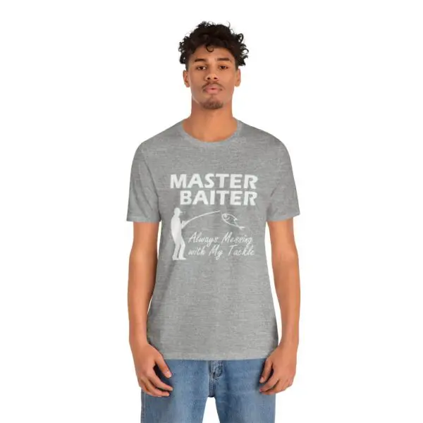 Man wearing humorous fishing-themed T-shirt.