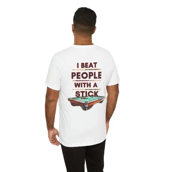 Man wearing humorous text and image shirt.
