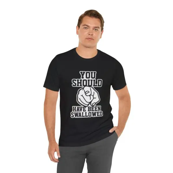 Man wearing a humorous printed black t-shirt.