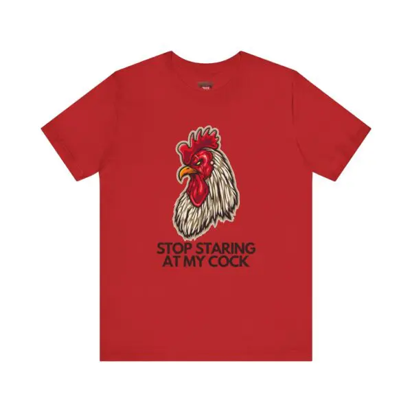 Red t-shirt with rooster and text.