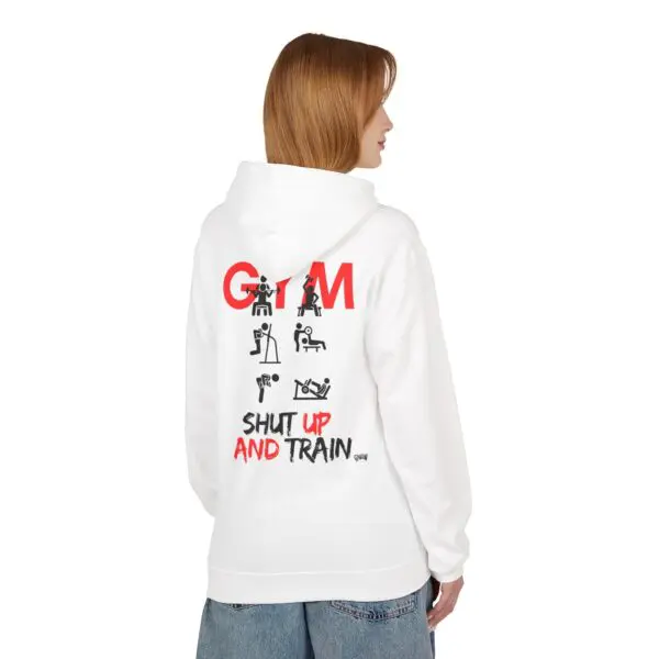 Woman in hoodie with gym-themed design.
