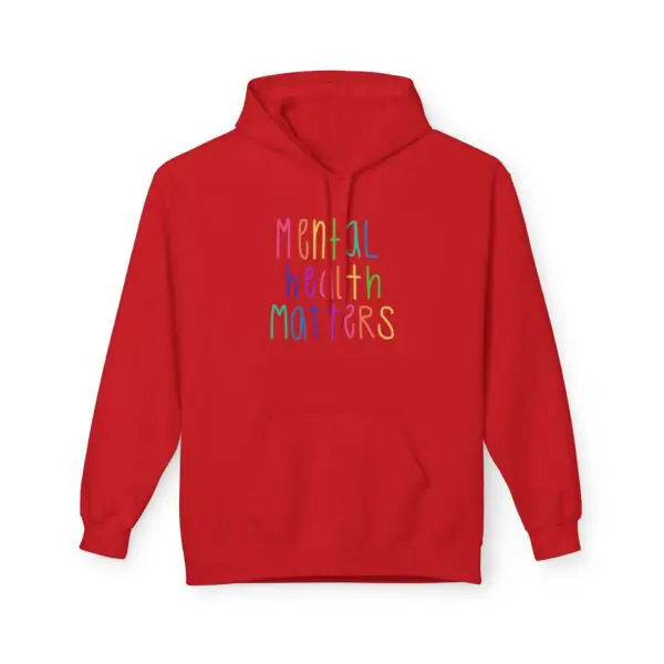 Red hoodie with "Mental Health Matters" text.