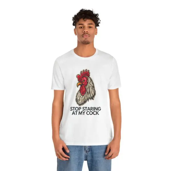 Man wearing rooster-themed humorous t-shirt.