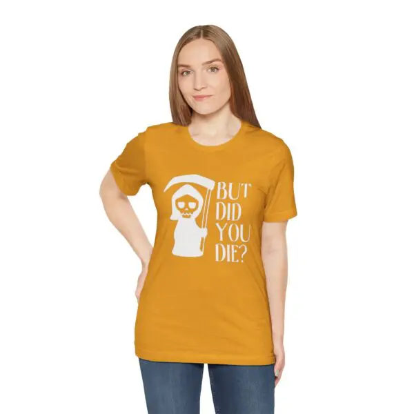 Woman wearing a humorous graphic t-shirt.