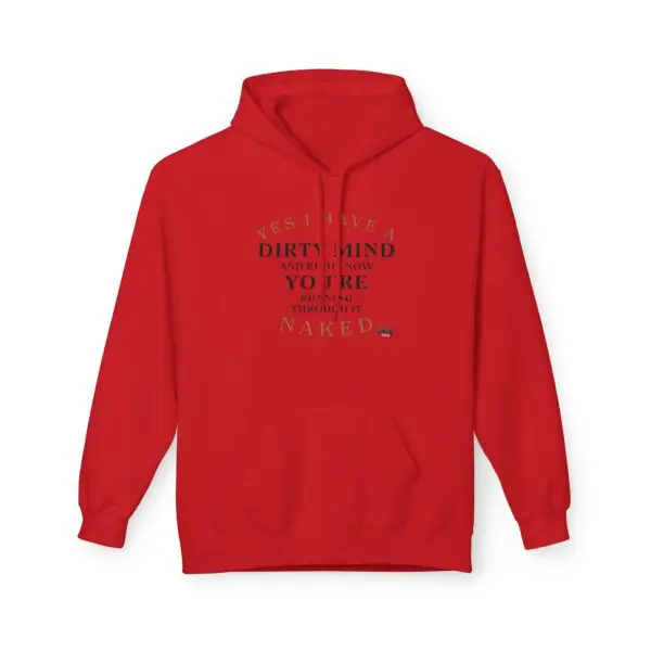 Red hoodie with humorous printed text.