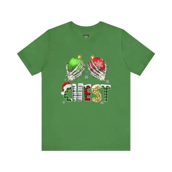 Green t-shirt with festive chest design.