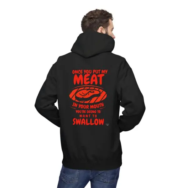 Man wearing hoodie with humorous text.