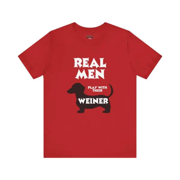 Red shirt with playful dachshund-themed text.