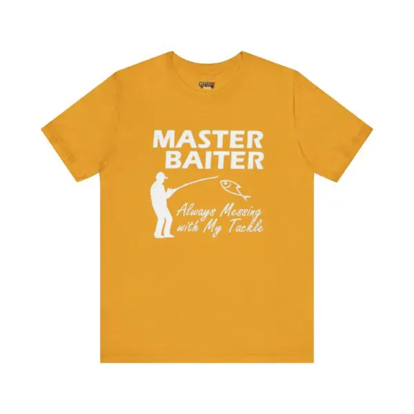 Yellow t-shirt with humorous fishing graphic.