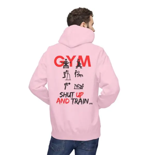 Man wearing pink gym-themed hoodie.