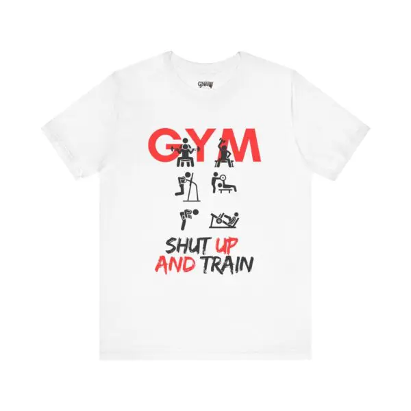 White t-shirt with gym-themed design.