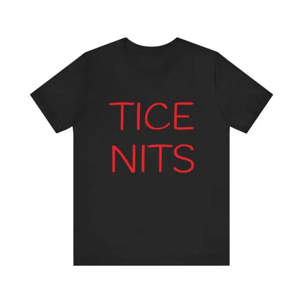 Black t-shirt with red text design.