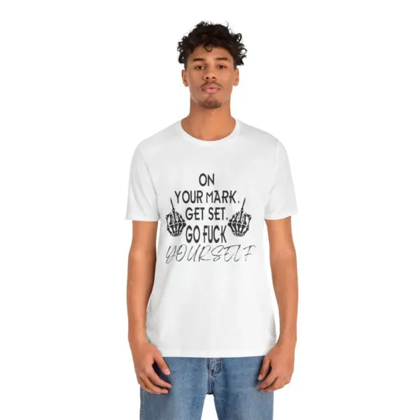 Man wearing shirt with offensive text.
