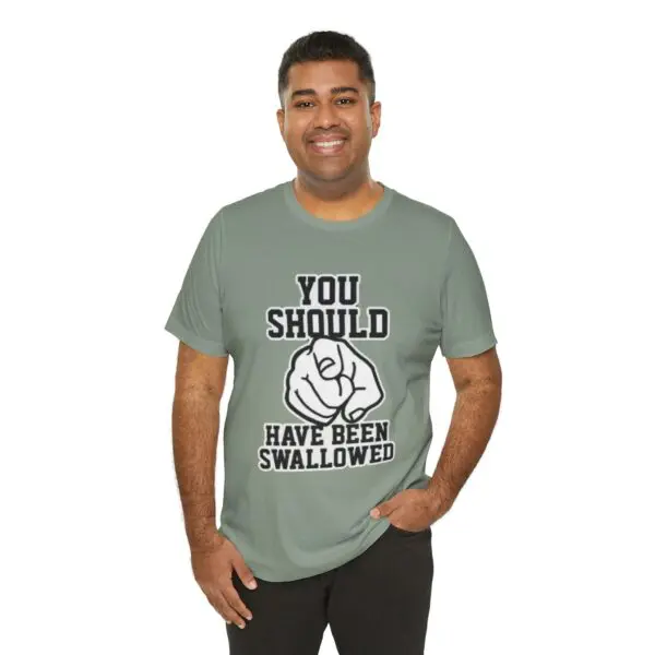 Man wearing a humorous graphic t-shirt.