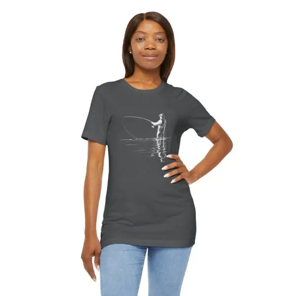 Woman wearing a printed black t-shirt.
