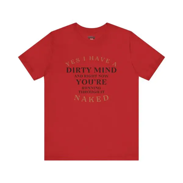 Red shirt with humorous printed text.