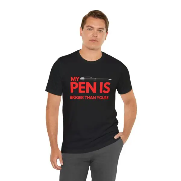 Man wearing humorous black t-shirt with text.