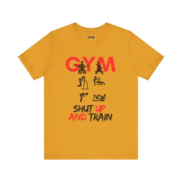 Yellow shirt with gym graphic and text.