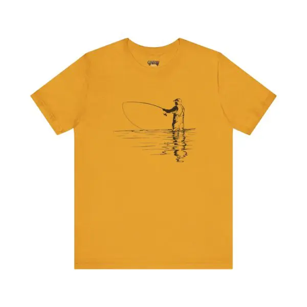 Yellow T-shirt with fishing silhouette design.