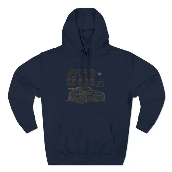 Navy hoodie with car graphic design.