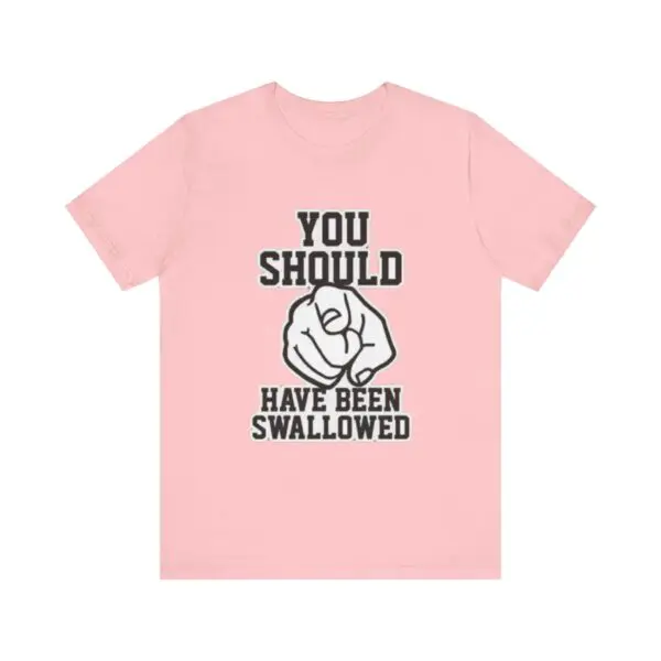 Pink t-shirt with humorous text design.