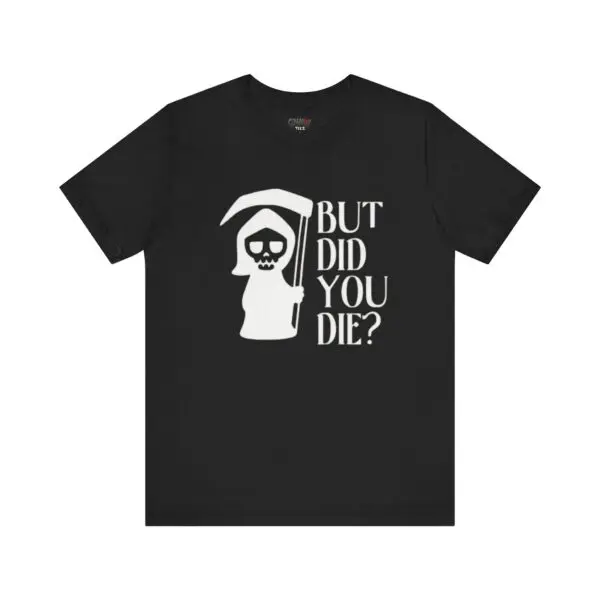Black t-shirt with grim reaper graphic.