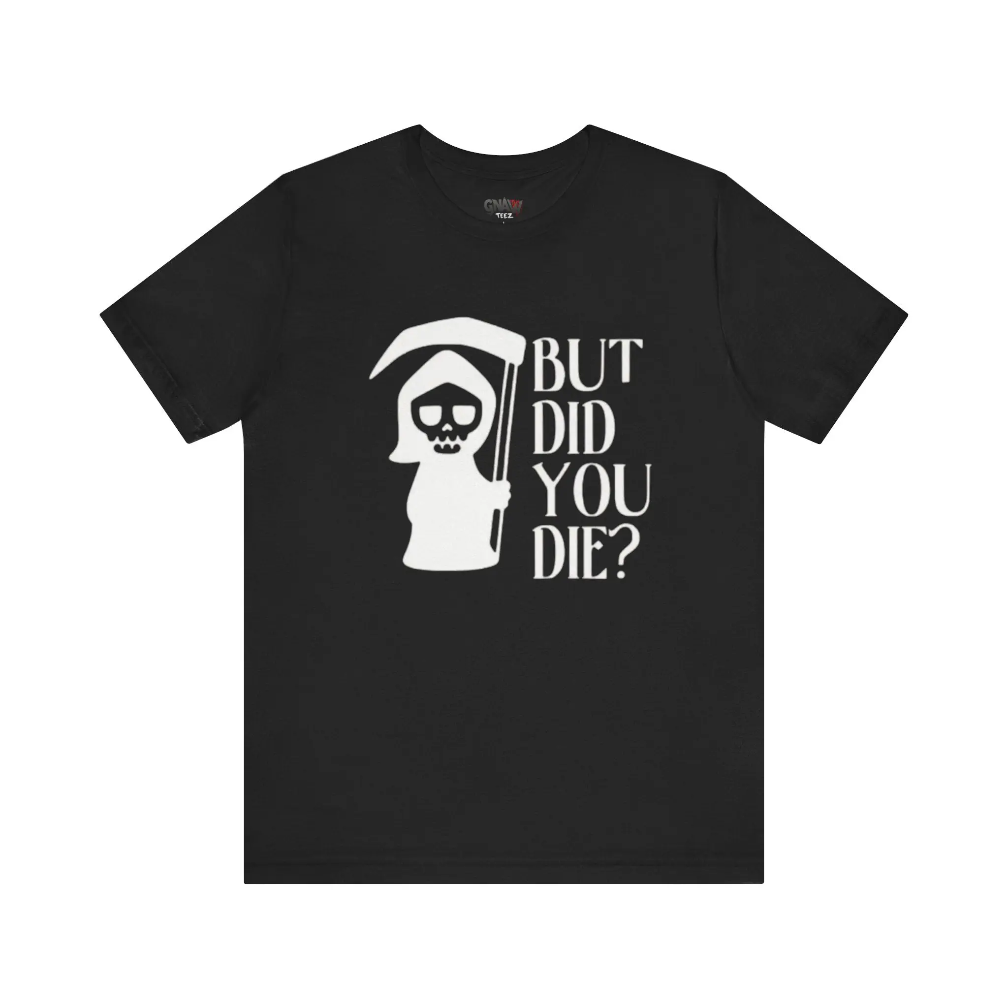 Black t-shirt with grim reaper graphic.