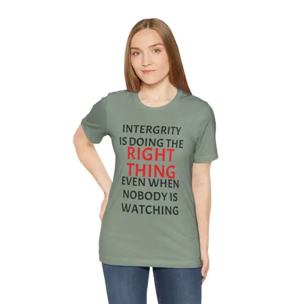Woman wearing "Integrity" message t-shirt.