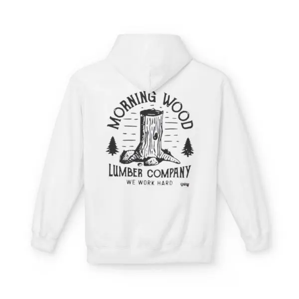 White hoodie with lumber company graphic print.