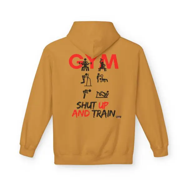 Brown hoodie with gym workout graphics.