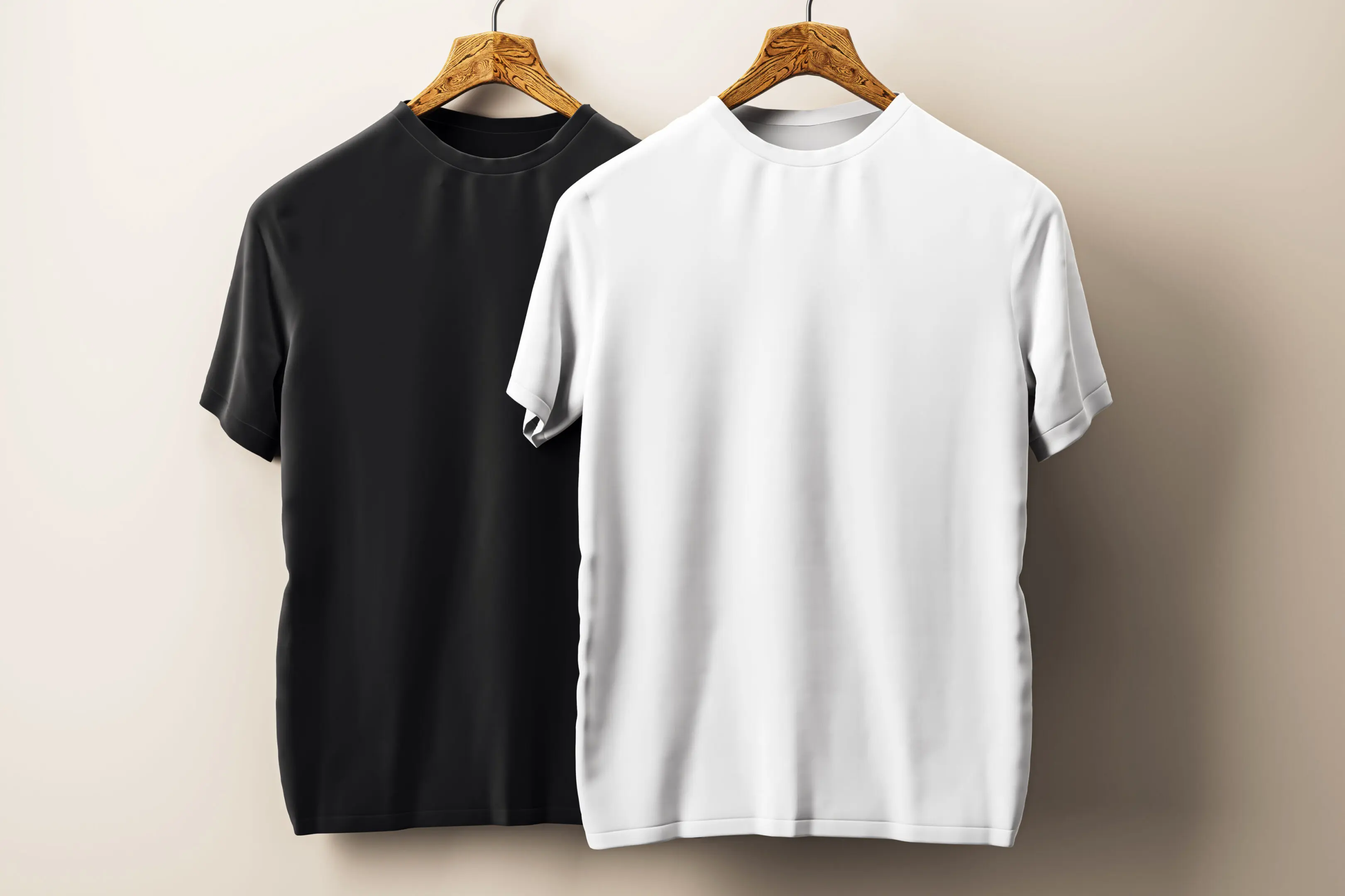 Black and White T-Shirts Hanging on Wooden Hangers. 3D Rendering Black and white t-shirts on hangers.