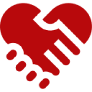 Mask group (4) Heart-shaped red handshake logo on black.